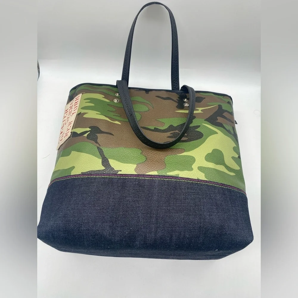 HANDMADE Unisex Camouflage Vegan Leather/ Denim Tote Bag.OS